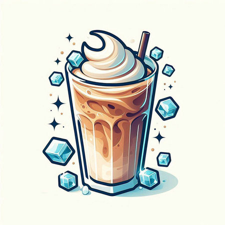 Iced coffee with whipped cream and ice cubes. Vector illustration.のイラスト素材