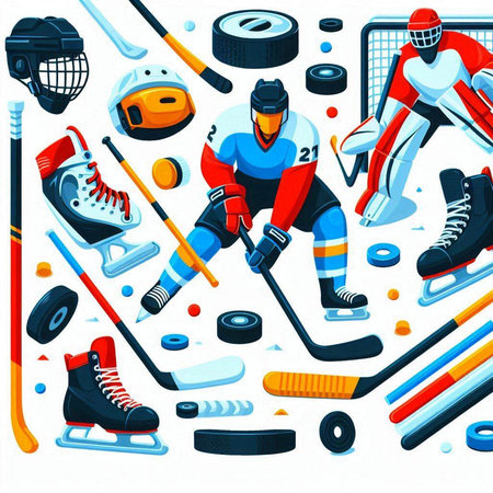 Hockey sport background with hockey equipment. Vector illustration in cartoon styleのイラスト素材