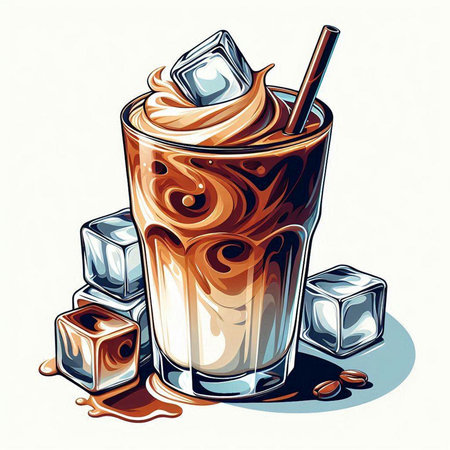 Illustration of iced coffee with ice cubes and whipped cream.のイラスト素材