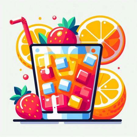 Orange juice with ice cubes and fruits. Vector illustration in flat styleのイラスト素材