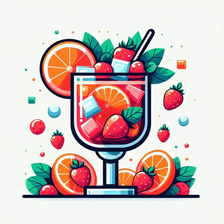 Fruit cocktail with orange, strawberry and mint. Vector illustration.のイラスト素材