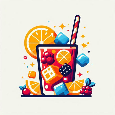 Cocktail with orange, berries and ice cubes. Vector illustration.のイラスト素材