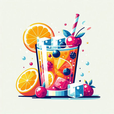Cocktail with fruits and ice cubes. Colorful vector illustration.のイラスト素材