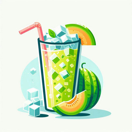 Melon smoothie in a glass with ice cubes. Vector illustration.のイラスト素材