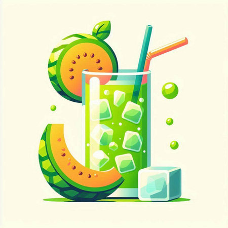 Glass of melon smoothie with ice cubes. Vector illustration.のイラスト素材