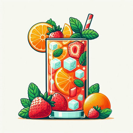 Fruit cocktail with orange, strawberry and mint. Vector illustration.のイラスト素材