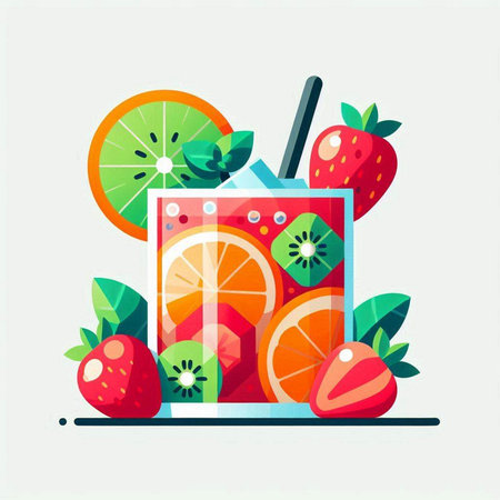 Fruit cocktail with lemon, orange, kiwi, strawberry, lime and mint. Vector illustration.のイラスト素材