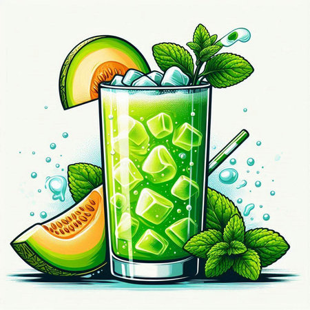 Mojito cocktail with melon and mint. Vector illustration.のイラスト素材