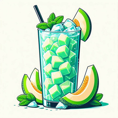Mojito cocktail with melon and mint. Vector illustration.のイラスト素材