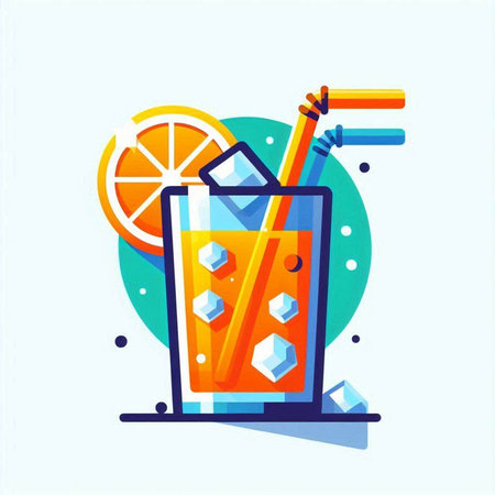 Cocktail with orange juice, ice cubes and straw. Vector illustrationのイラスト素材