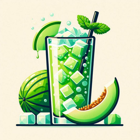 Cocktail with melon, ice cubes and mint. Vector illustration.のイラスト素材
