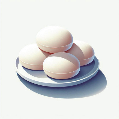 Three white eggs on a plate on a white background. 3d illustrationのイラスト素材