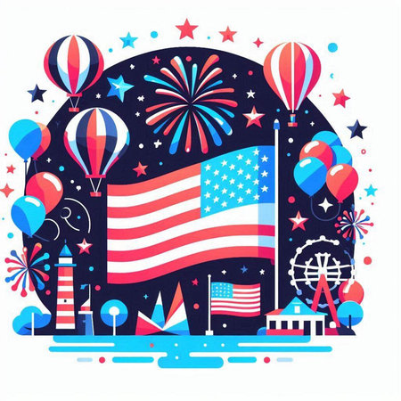 American flag with balloons and fireworks. Vector illustration in flat style.のイラスト素材