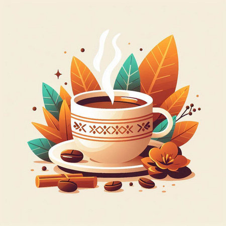 Coffee cup with beans, cinnamon and leaves. Vector illustration.のイラスト素材