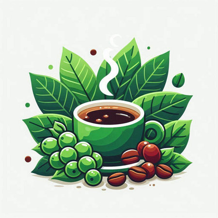 Coffee cup with leaves and coffee beans, vector illustration.のイラスト素材