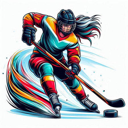 Ice hockey player with the stick and puck. Colorful vector illustration.のイラスト素材