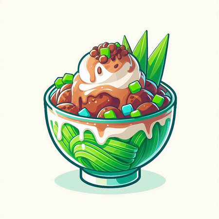 Illustration of a bowl of ice cream with chocolate chips and caramel sauceのイラスト素材