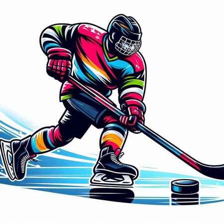 Ice hockey player with the stick and puck. Vector color illustration.のイラスト素材