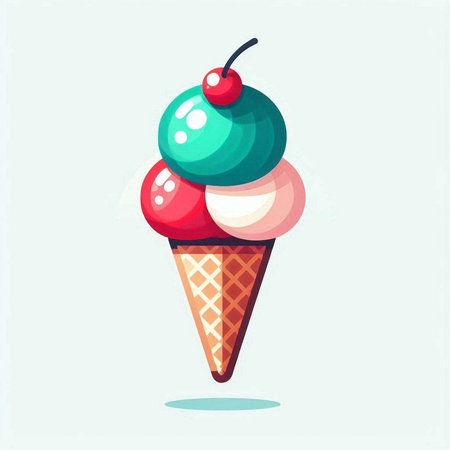 Ice cream cone vector illustration. Ice cream cone with cherry in flat style.のイラスト素材