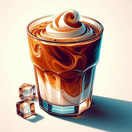 Illustration of a glass of coffee with whipped cream and ice cubesのイラスト素材