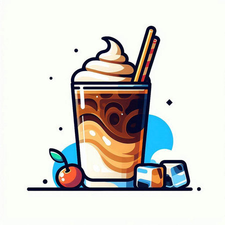 Iced coffee with whipped cream and ice cubes. Vector illustration.のイラスト素材
