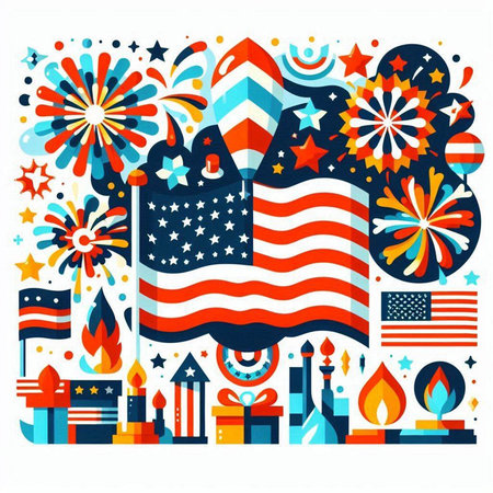 Happy Independence Day United States of America holiday background with USA flag and fireworks. Vector illustrationのイラスト素材