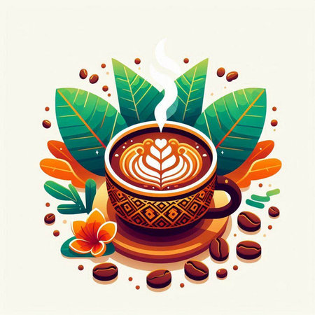 Coffee cup with latte art and leaves. Vector illustration.のイラスト素材