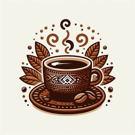 Coffee cup with coffee beans and leaves. Vector illustration.のイラスト素材