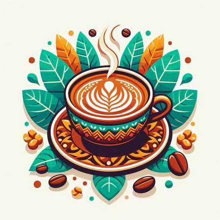 Cup of coffee with latte art and coffee beans. Vector illustration.のイラスト素材