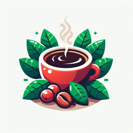 Coffee cup with latte art and leaves. Vector illustration.のイラスト素材