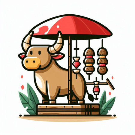Illustration of a cute bull with a red umbrella on a white backgroundのイラスト素材