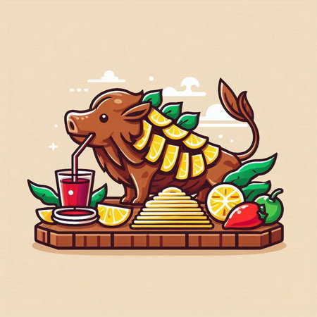Vector illustration of a pig with a glass of juice on a wooden tray.のイラスト素材