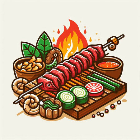 Skewers with vegetables and meat on the grill. Vector illustrationのイラスト素材