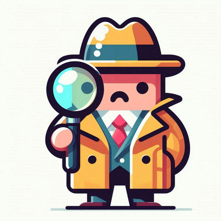 Cartoon detective with magnifying glass. Vector illustration in a flat styleのイラスト素材