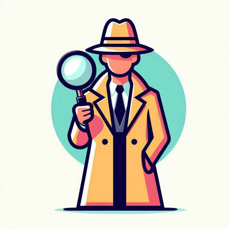 Vector illustration of detective in hat and coat with magnifying glass.のイラスト素材