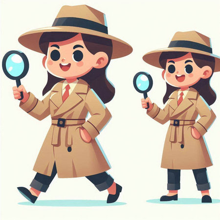 Cute cartoon detective girl with magnifying glass. Vector illustration.のイラスト素材