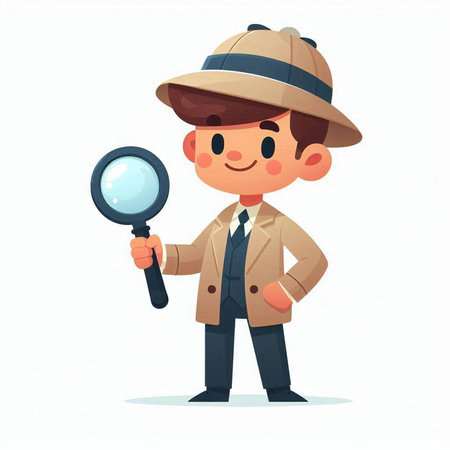 Cute detective with magnifying glass. Vector illustration in cartoon styleのイラスト素材