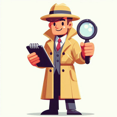 Cartoon detective with magnifying glass and notepad. Vector illustrationのイラスト素材