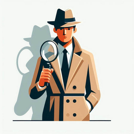 Vector illustration of a detective in a hat with a magnifying glassのイラスト素材