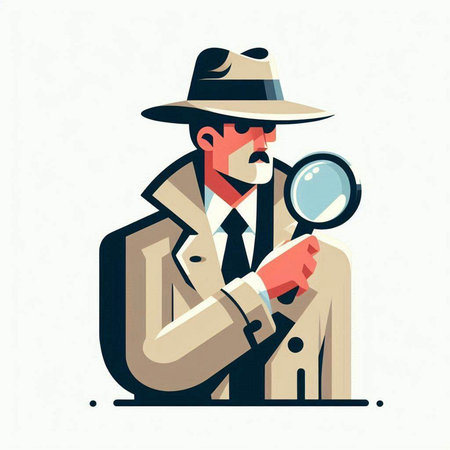 Detective with magnifying glass. Vector illustration in flat style.のイラスト素材