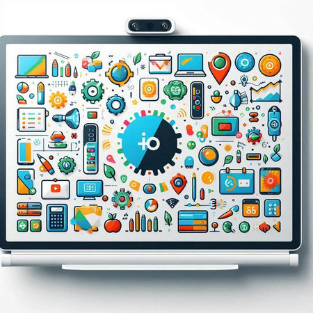 Laptop screen with multimedia icons on white background. Vector illustration.のイラスト素材