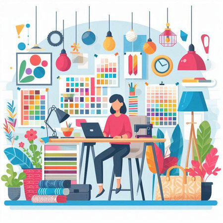 Freelance woman working at home office. Freelance vector illustrationのイラスト素材