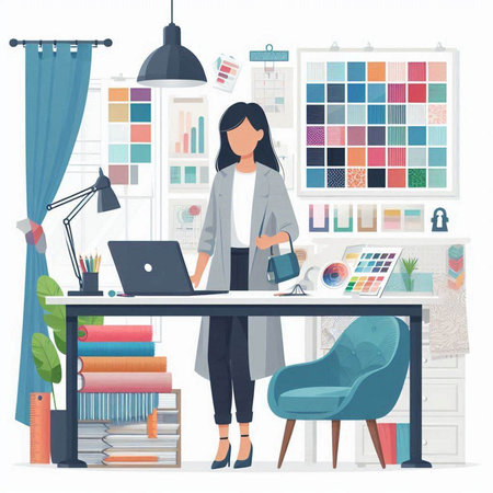 Designer woman working at her desk with laptop. Vector illustration.のイラスト素材