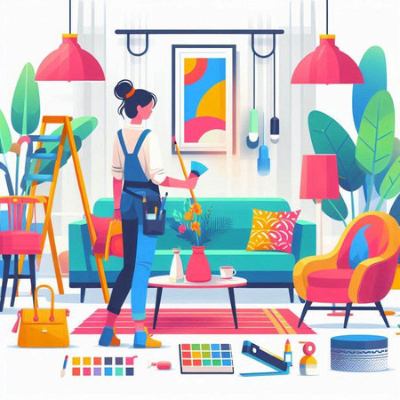 Housewife doing housework, cleaning the living room, vector illustrationのイラスト素材
