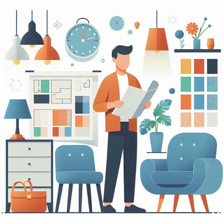 Man reading newspaper in living room. Vector illustration in flat style.のイラスト素材