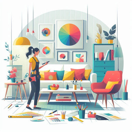 Woman painter works in her room. Vector illustration in flat style.のイラスト素材