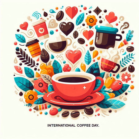 Cup of coffee with coffee beans, hearts and flowers. Vector illustration.のイラスト素材
