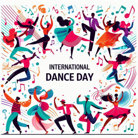 International Day of Dance. Happy dancing people in flat style with music notes. Vector illustration.のイラスト素材
