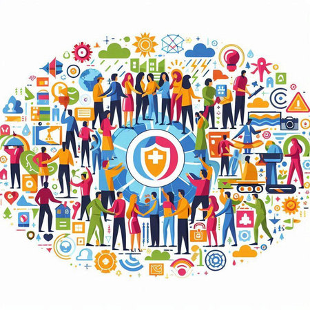 Teamwork concept with people around shield on white background. Vector illustrationのイラスト素材