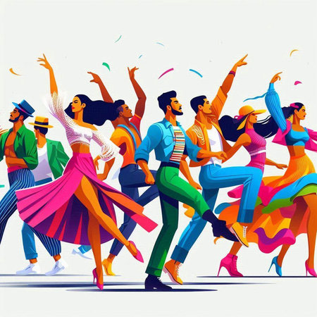 Dancing people. Men and women in bright clothes. Vector illustration.のイラスト素材